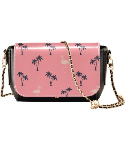 Flamingo Pink Tropical PU Leather Crossbody Handbag for Women Shoulder Purse with Adjustable Metal Chain Waterproof Travel Pu...