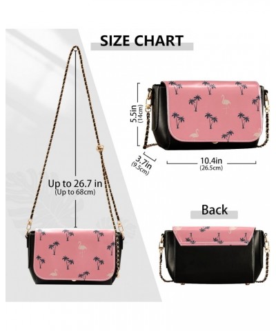 Flamingo Pink Tropical PU Leather Crossbody Handbag for Women Shoulder Purse with Adjustable Metal Chain Waterproof Travel Pu...