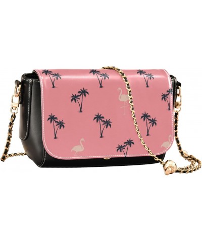 Flamingo Pink Tropical PU Leather Crossbody Handbag for Women Shoulder Purse with Adjustable Metal Chain Waterproof Travel Pu...