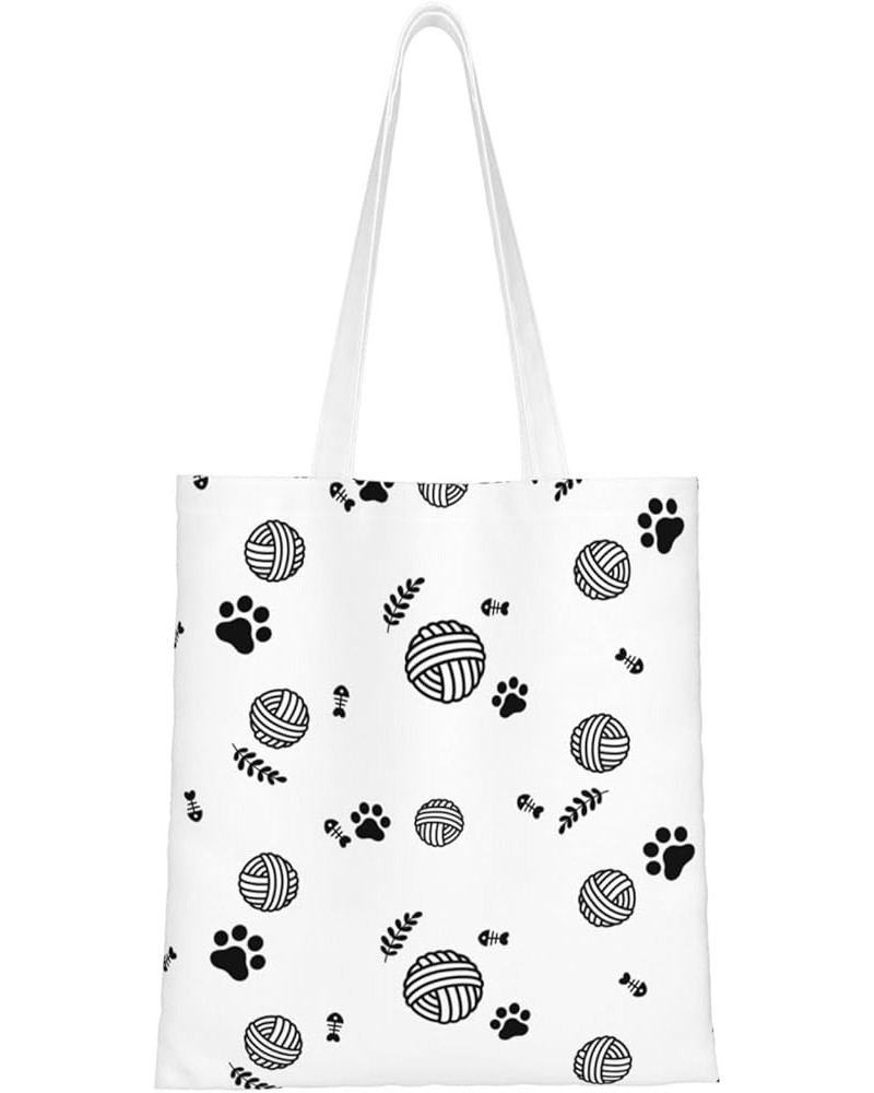 Skull Black And White Plaid Single Shoulder Fashion Canvas Tote Shopping Bags Handbags For Men And Women Yarn Ball Cat Footpr...