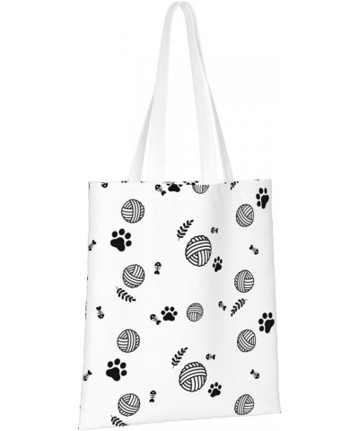 Skull Black And White Plaid Single Shoulder Fashion Canvas Tote Shopping Bags Handbags For Men And Women Yarn Ball Cat Footpr...