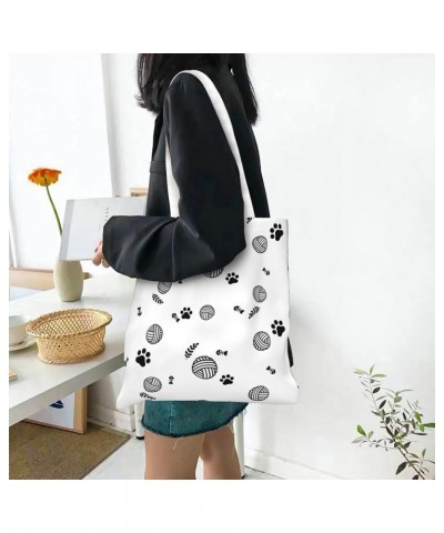 Skull Black And White Plaid Single Shoulder Fashion Canvas Tote Shopping Bags Handbags For Men And Women Yarn Ball Cat Footpr...