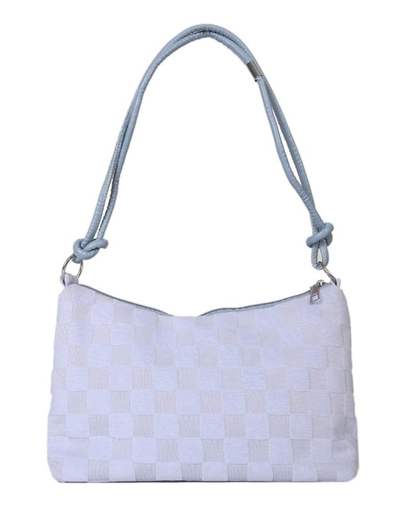 Women Checkered Shoulder Bag Lattice Plush Tote Bag Versatile Puffy Satchel Bag Zipper Hobo Bag Girl Stylish Purse Light Blue...