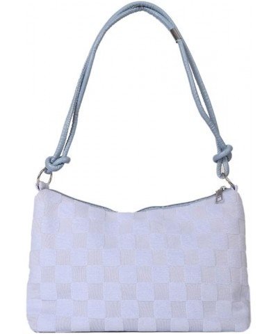 Women Checkered Shoulder Bag Lattice Plush Tote Bag Versatile Puffy Satchel Bag Zipper Hobo Bag Girl Stylish Purse Light Blue...