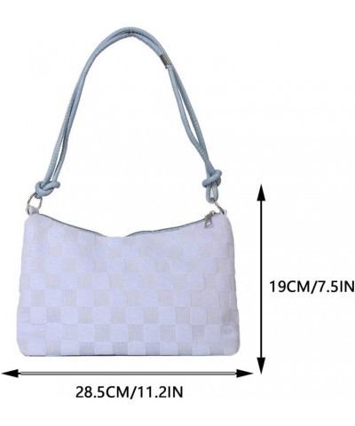 Women Checkered Shoulder Bag Lattice Plush Tote Bag Versatile Puffy Satchel Bag Zipper Hobo Bag Girl Stylish Purse Light Blue...