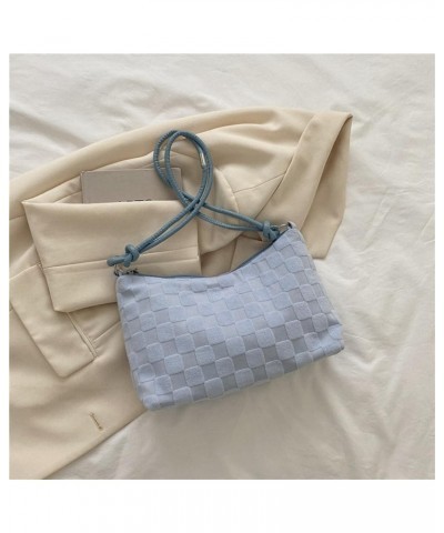 Women Checkered Shoulder Bag Lattice Plush Tote Bag Versatile Puffy Satchel Bag Zipper Hobo Bag Girl Stylish Purse Light Blue...