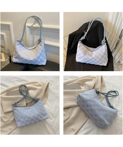 Women Checkered Shoulder Bag Lattice Plush Tote Bag Versatile Puffy Satchel Bag Zipper Hobo Bag Girl Stylish Purse Light Blue...