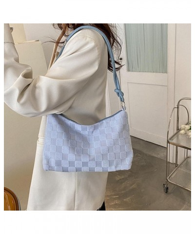 Women Checkered Shoulder Bag Lattice Plush Tote Bag Versatile Puffy Satchel Bag Zipper Hobo Bag Girl Stylish Purse Light Blue...