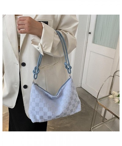 Women Checkered Shoulder Bag Lattice Plush Tote Bag Versatile Puffy Satchel Bag Zipper Hobo Bag Girl Stylish Purse Light Blue...