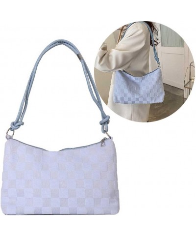 Women Checkered Shoulder Bag Lattice Plush Tote Bag Versatile Puffy Satchel Bag Zipper Hobo Bag Girl Stylish Purse Light Blue...