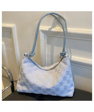 Women Checkered Shoulder Bag Lattice Plush Tote Bag Versatile Puffy Satchel Bag Zipper Hobo Bag Girl Stylish Purse Light Blue...