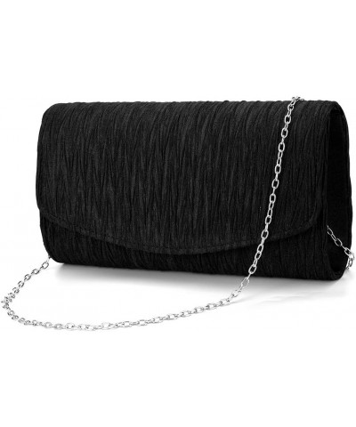 Womens Satin Pleated Evening Bags Party Clutches Bridal Shoulder Chain Handbags Black $9.24 Evening Bags