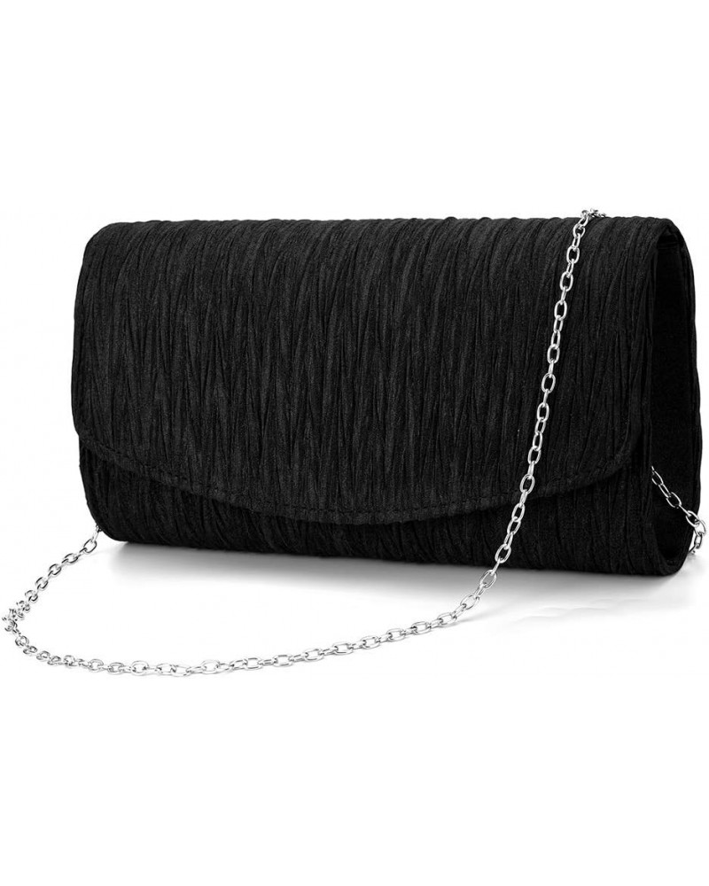 Womens Satin Pleated Evening Bags Party Clutches Bridal Shoulder Chain Handbags Black $9.24 Evening Bags