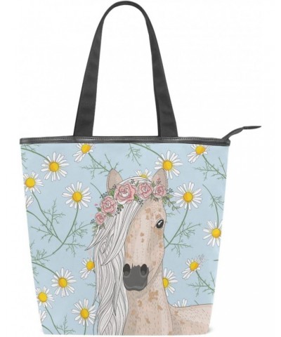 Tote Bag Cute Horse Daisy Flowers Canvas Zippered Tote Handbag for Women with 2 Interior Pockets $11.27 Totes