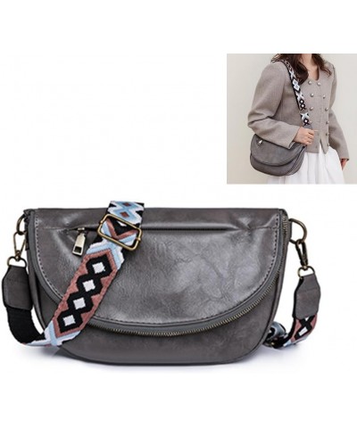 PU Leather Half Moon Crossbody Bag Adjustable Guitar Strap Crossbody Purses Solid Color Women Fashion Sling Bag Large Grey $1...