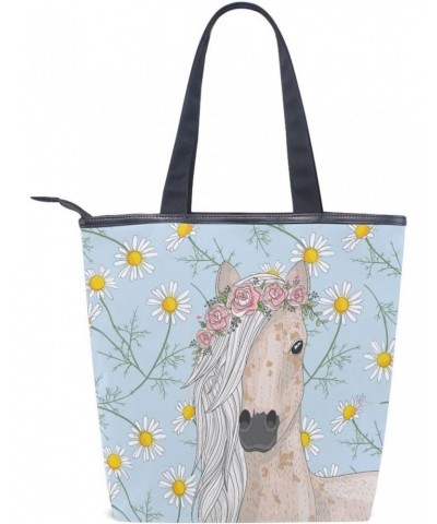 Tote Bag Cute Horse Daisy Flowers Canvas Zippered Tote Handbag for Women with 2 Interior Pockets $11.27 Totes