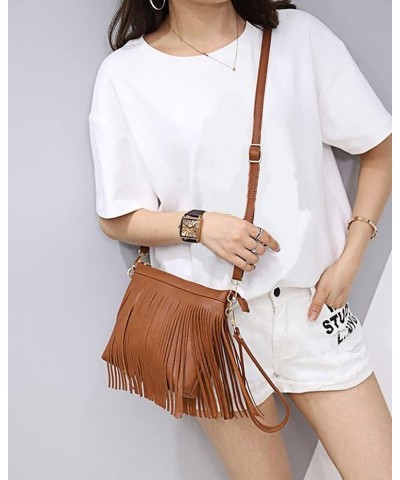 Women Small Tassel Faux Leather Cross Body Shoulder Bag Hobo Bag Brown $18.30 Shoulder Bags