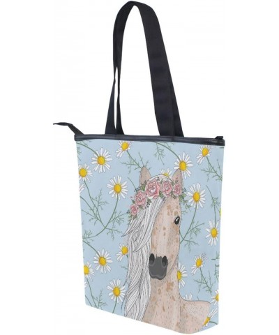 Tote Bag Cute Horse Daisy Flowers Canvas Zippered Tote Handbag for Women with 2 Interior Pockets $11.27 Totes