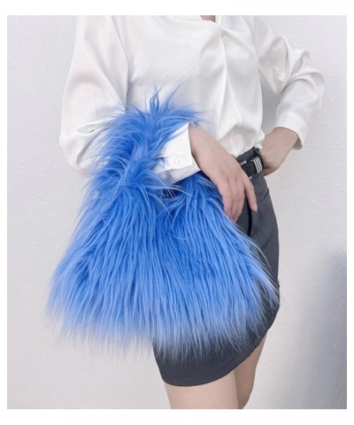 Furry Hobo Bag for Women Faux Fur Shoulder Crossbody Purse Soft Fluffy Handbag Totes Y2K Satchels with Chain Blue $19.71 Totes