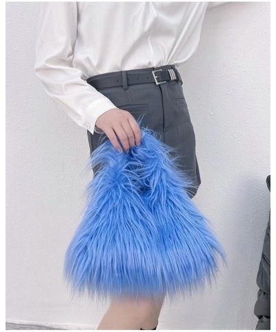 Furry Hobo Bag for Women Faux Fur Shoulder Crossbody Purse Soft Fluffy Handbag Totes Y2K Satchels with Chain Blue $19.71 Totes