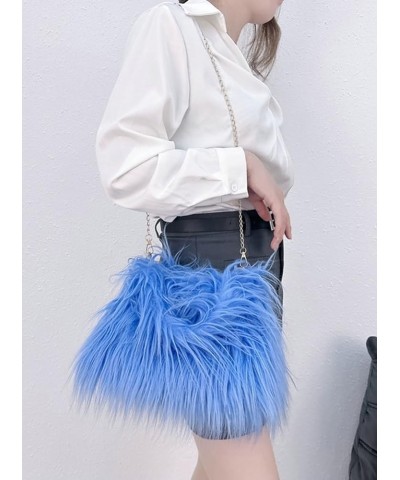 Furry Hobo Bag for Women Faux Fur Shoulder Crossbody Purse Soft Fluffy Handbag Totes Y2K Satchels with Chain Blue $19.71 Totes