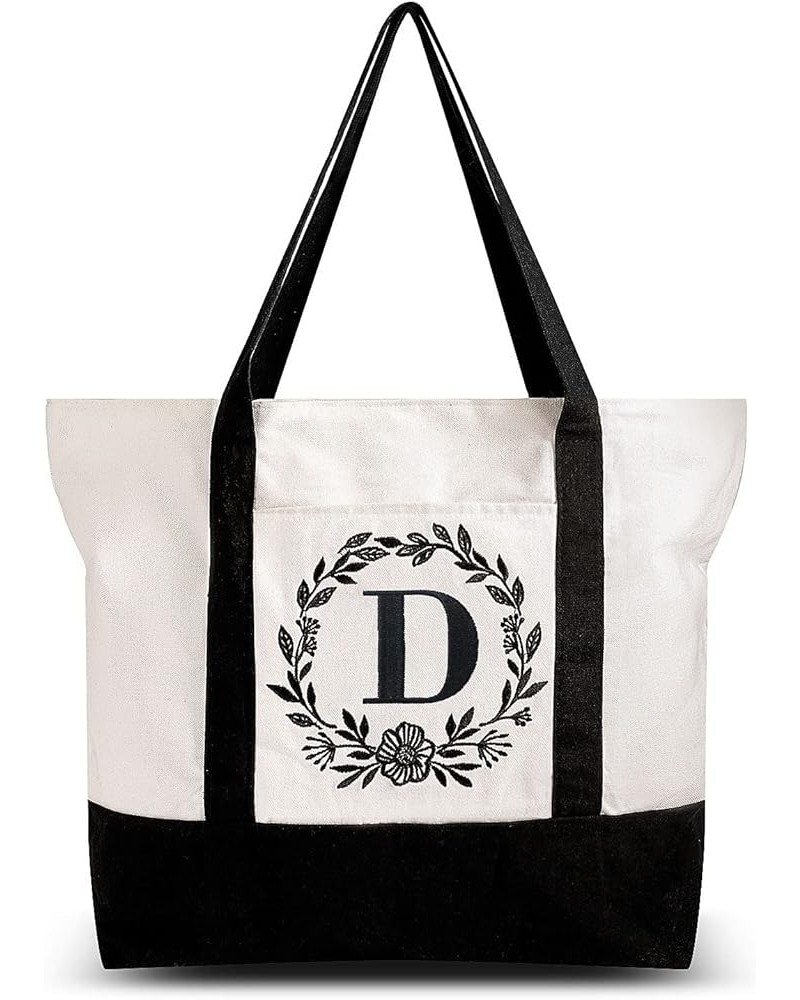 Initial Canvas Tote Bag 12oz with Inner & Front Pockets Personalized Embroidery Monogrammed Cotton Bag for Wedding Birthday B...