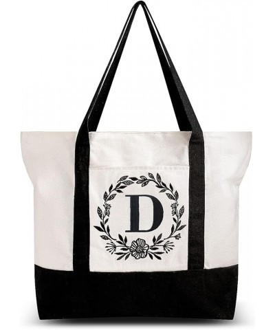 Initial Canvas Tote Bag 12oz with Inner & Front Pockets Personalized Embroidery Monogrammed Cotton Bag for Wedding Birthday B...