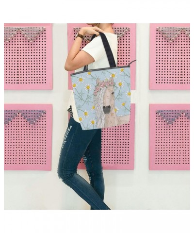 Tote Bag Cute Horse Daisy Flowers Canvas Zippered Tote Handbag for Women with 2 Interior Pockets $11.27 Totes