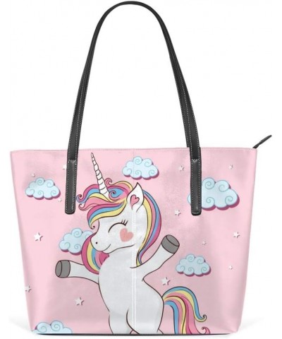 Tote Handbag Women PU Leather Fashion Zipper Shoulder Bag Large Capacity Unicorn on Rainbow $20.50 Totes