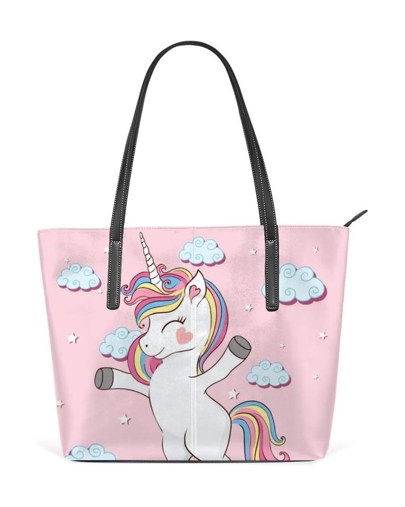 Tote Handbag Women PU Leather Fashion Zipper Shoulder Bag Large Capacity Unicorn on Rainbow $20.50 Totes