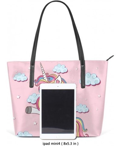 Tote Handbag Women PU Leather Fashion Zipper Shoulder Bag Large Capacity Unicorn on Rainbow $20.50 Totes