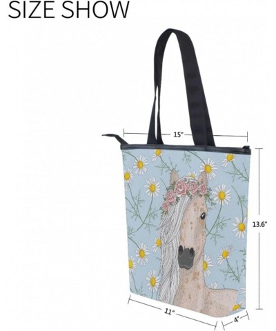 Tote Bag Cute Horse Daisy Flowers Canvas Zippered Tote Handbag for Women with 2 Interior Pockets $11.27 Totes