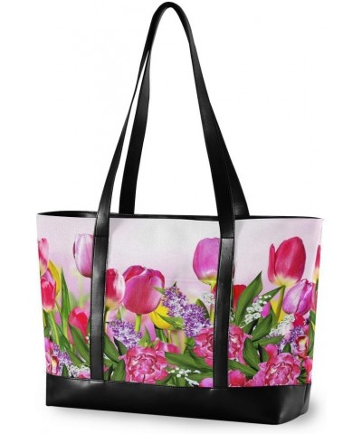 Women's Tote Shoulder Bag Pink and Yellow Flowers Tulips Rainbow Flag Capacity Handbag $26.39 Shoulder Bags