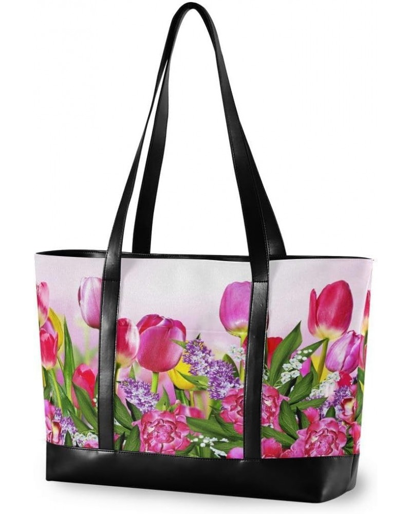 Women's Tote Shoulder Bag Pink and Yellow Flowers Tulips Rainbow Flag Capacity Handbag $26.39 Shoulder Bags