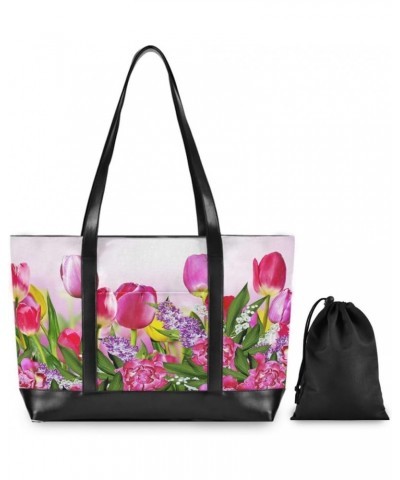 Women's Tote Shoulder Bag Pink and Yellow Flowers Tulips Rainbow Flag Capacity Handbag $26.39 Shoulder Bags