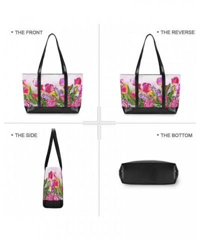 Women's Tote Shoulder Bag Pink and Yellow Flowers Tulips Rainbow Flag Capacity Handbag $26.39 Shoulder Bags