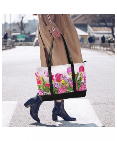 Women's Tote Shoulder Bag Pink and Yellow Flowers Tulips Rainbow Flag Capacity Handbag $26.39 Shoulder Bags