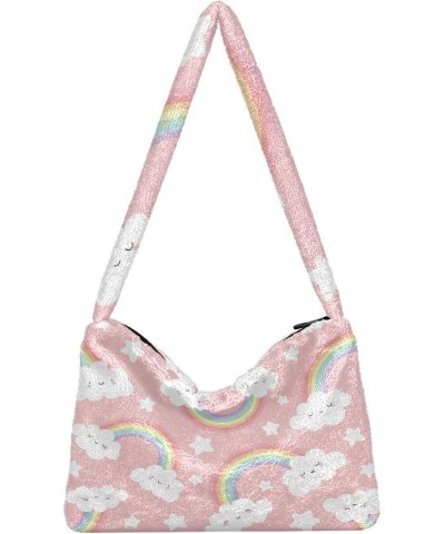 Cloud Rainbow Cartoon Plush Underarm Bag Women's Tote Handbags Fluffy Shoulder Bag for Autumn and Winter $9.60 Shoulder Bags