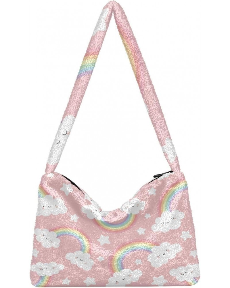 Cloud Rainbow Cartoon Plush Underarm Bag Women's Tote Handbags Fluffy Shoulder Bag for Autumn and Winter $9.60 Shoulder Bags