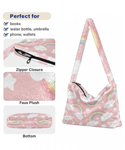 Cloud Rainbow Cartoon Plush Underarm Bag Women's Tote Handbags Fluffy Shoulder Bag for Autumn and Winter $9.60 Shoulder Bags