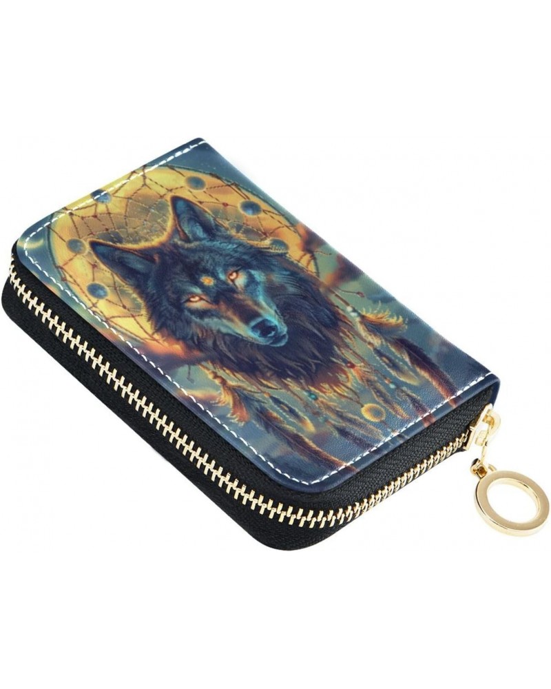 RFID Credit Card Holder Wolf Dream Catcher Boho Leather With Zipper Card Case Wallet for Women Girls $9.87 Wallets