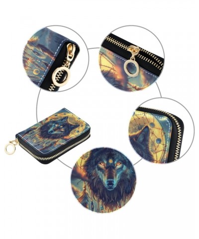 RFID Credit Card Holder Wolf Dream Catcher Boho Leather With Zipper Card Case Wallet for Women Girls $9.87 Wallets