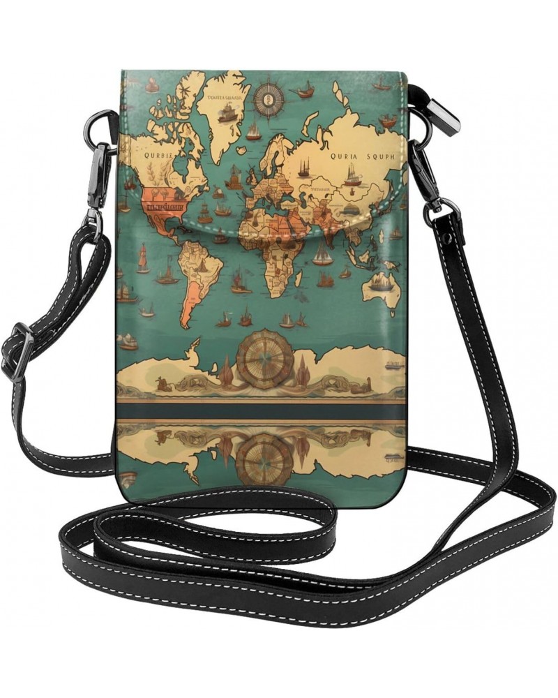 women leather Cell Phone Purse World Map Retro picture Soft, durable and waterproof PU leather Convenient for daily use and t...