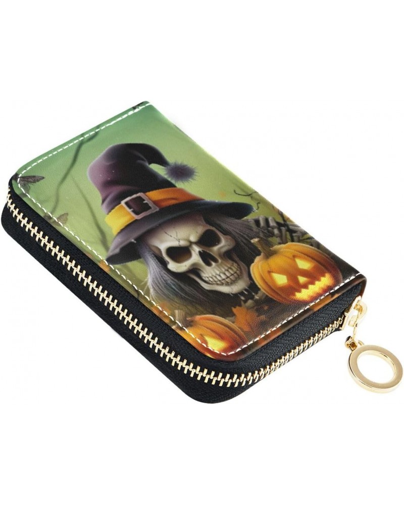 Halloween Pumpkin Skull Credit Cards Holder Purse for Women with Zipper,Leather Business Card Wallets for Ladies202a0723 $12....