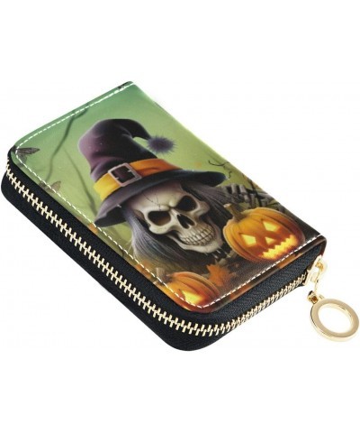 Halloween Pumpkin Skull Credit Cards Holder Purse for Women with Zipper,Leather Business Card Wallets for Ladies202a0723 $12....