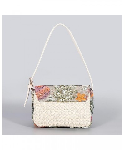 Women Summer Straw Bag Sequin Floral Embroidery Clutch Purse Shoulder Handbag For Beach Party With Random Flower Pattern Gree...