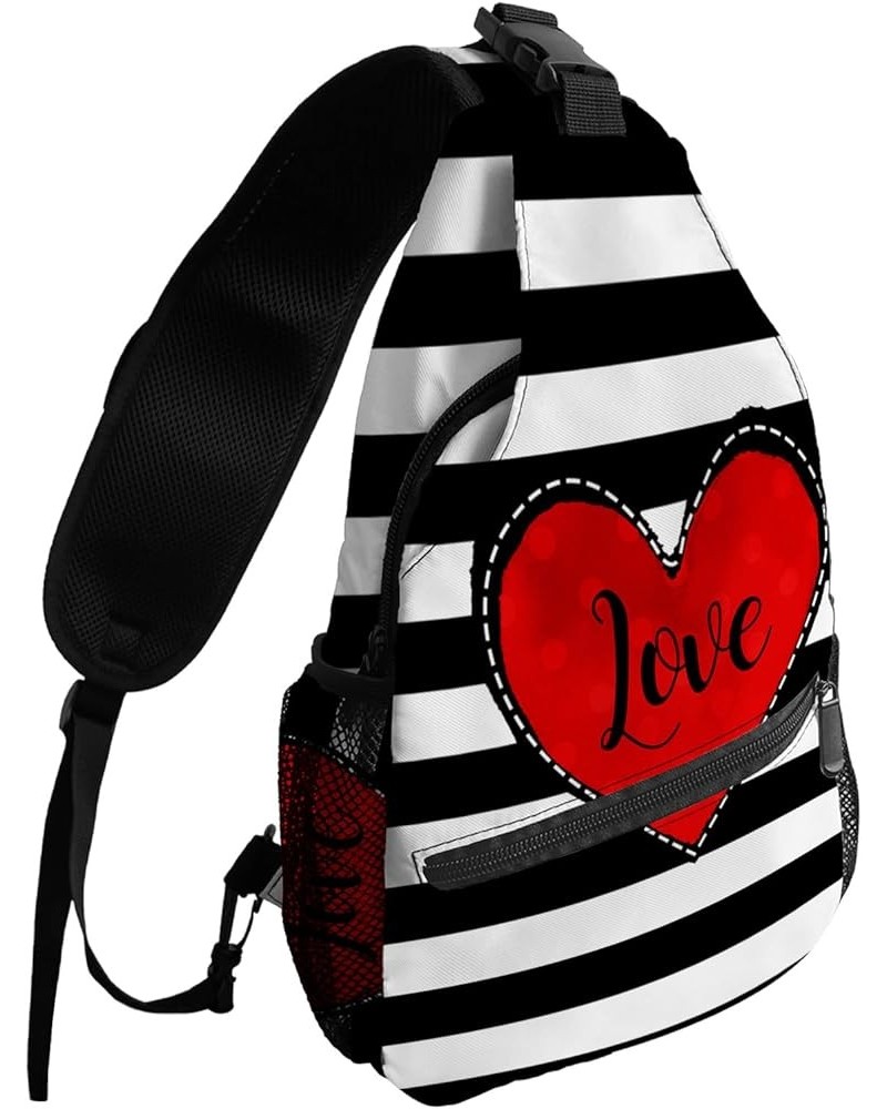 Sling Backpack, Happy Valentine's Day Red Loving Heart Black Stripes Waterproof Lightweight Small Sling Bag, Travel Chest Bag...