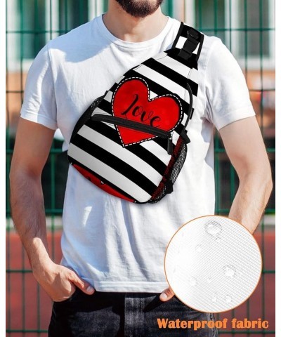 Sling Backpack, Happy Valentine's Day Red Loving Heart Black Stripes Waterproof Lightweight Small Sling Bag, Travel Chest Bag...