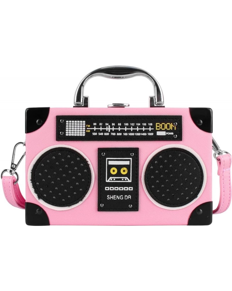 Vintage Radio Recorder Clutch Handbag Leather Top Metal Handle Crossbody Small Box Bag Shoulder Bag A-pink $15.33 Clutches