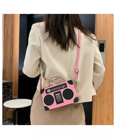 Vintage Radio Recorder Clutch Handbag Leather Top Metal Handle Crossbody Small Box Bag Shoulder Bag A-pink $15.33 Clutches